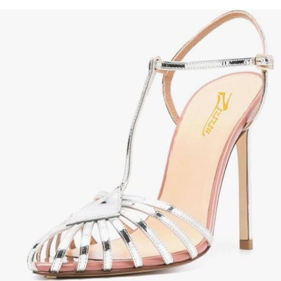 Zszszsu Silver Sexy Caged Strappy Pointed Toe T-strap High Heels Buckled Sandals - Picture 1 of 8
